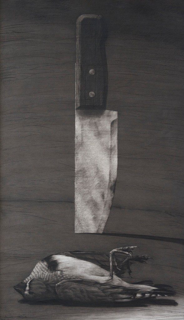 Youssef Abdelké, Le couteau et l’oiseau. 2012. Fusain sur papier, 190 x 50 cm. © Youssef Abdelké. Courtesy Galerie Claude Lemand, Paris